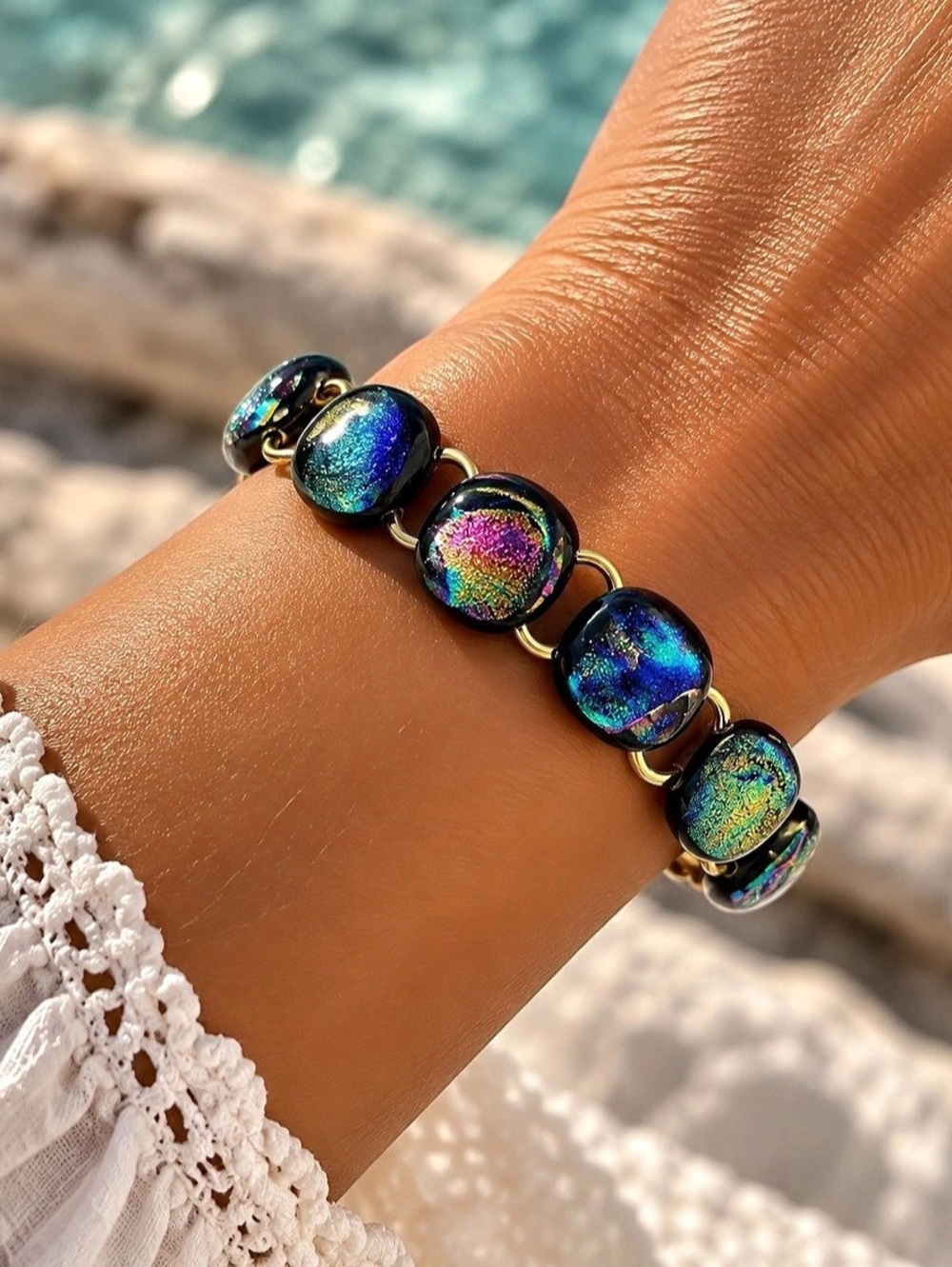 Dichroic Art Glass Bracelet Iridescent Rainbow Statement Jewelry